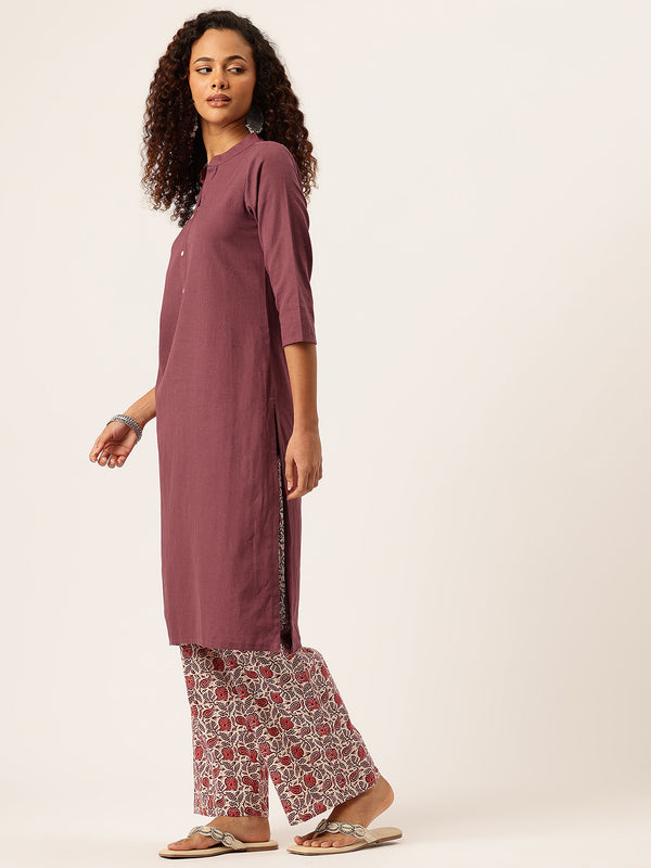 Women’s Solid Long Kurti with Mandarin Collar, 3/4 Sleeves & Pocket | Plain Elegant Cotton Kurta for Daily & Office Wear