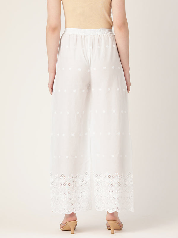 White White Embroidered Cotton Palazzos–Elastic Waist & Ankle-Length with Side Pocket