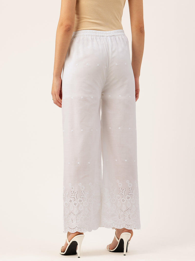 White Embroidered Palazzos–Fully Lined, Elastic Waist & Ankle-Length with Side Pocket