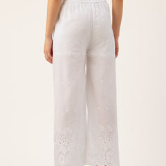White Embroidered Palazzos–Fully Lined, Elastic Waist & Ankle-Length with Side Pocket