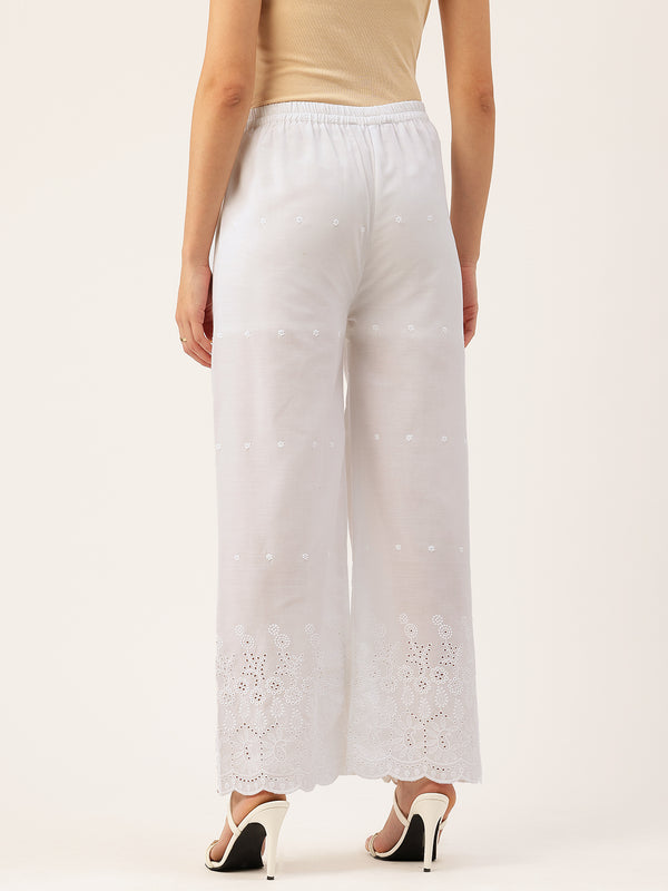 White Embroidered Palazzos–Fully Lined, Elastic Waist & Ankle-Length with Side Pocket