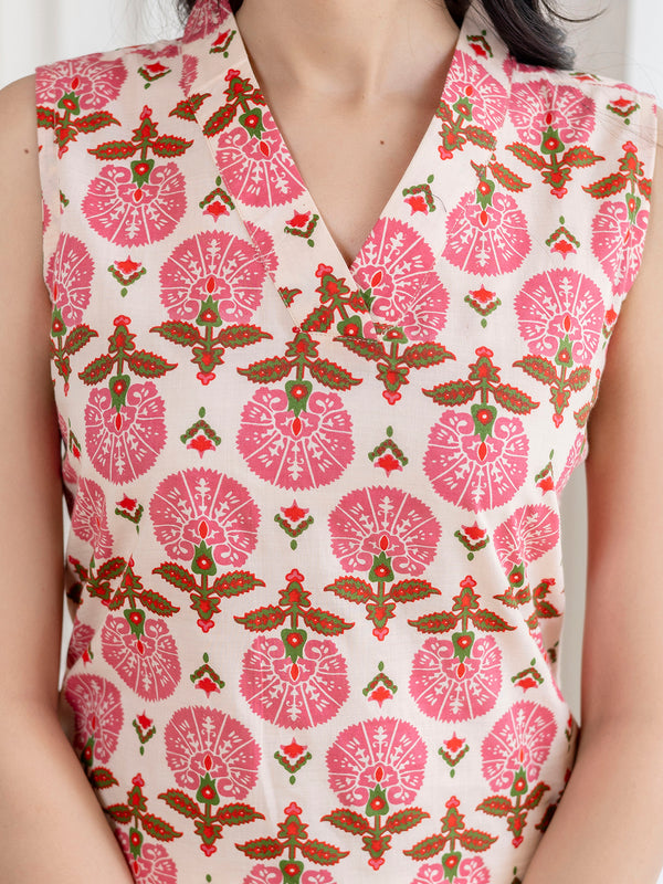 Elegant Sleeveless Cotton Printed Straight Kurta with Refined V-Neckline