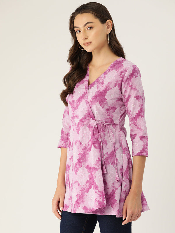 Floral Print Angrakha 3\4 Sleeves Flared Kurti