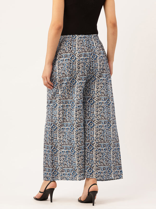 Blue Trendy Women's Blue Printed Cotton Palazzos - Elasticated Waist & Ankle-Length Fit