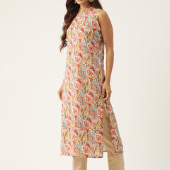 Cotton Printed Sleeveless Straight Long Kurti