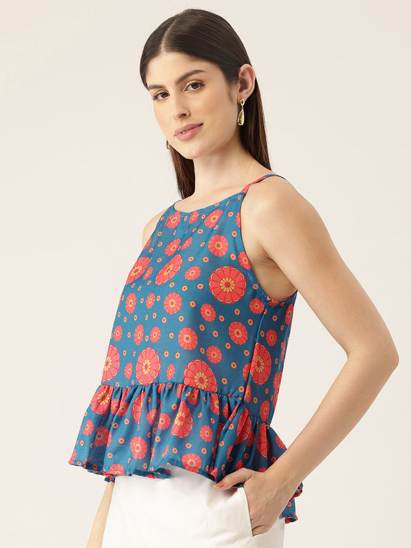 Cropped Sleeveless strap Peplum top with digital print on linen fabric. | Size- Small | Colour - Royal Blue, Red