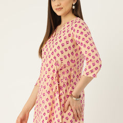 Floral Print Angrakha 3\4 Sleeves Flared Kurti