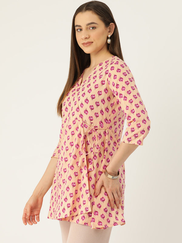 Floral Print Angrakha 3\4 Sleeves Flared Kurti