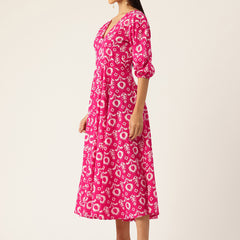 Women's Pure Cotton Floral Printed A-Line Gown with 3/4 Puff Sleeves & V-Neck