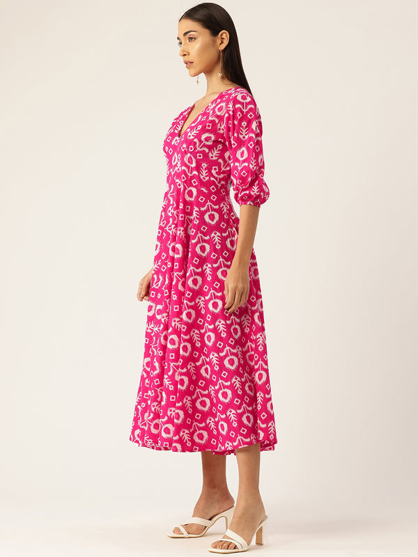 Women's Pure Cotton Floral Printed A-Line Gown with 3/4 Puff Sleeves & V-Neck