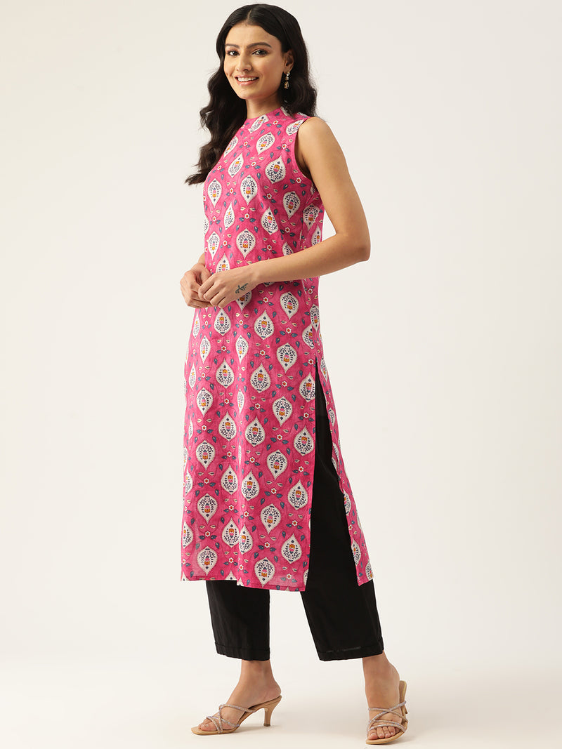 Women’s Pure Cotton Angrakha Kurti with Floral Print | 3/4 Sleeves | Adjustable Side Tie | Sizes S–XXL