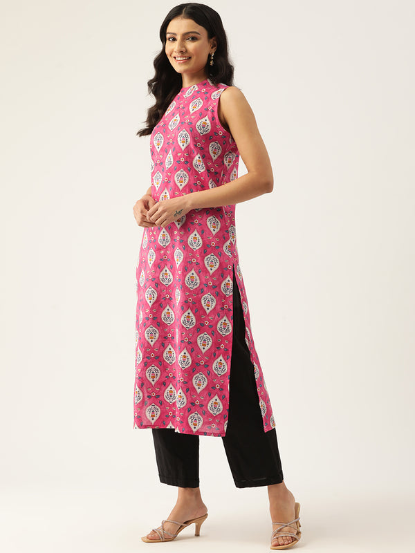 Women’s Pure Cotton Angrakha Kurti with Floral Print | 3/4 Sleeves | Adjustable Side Tie | Sizes S–XXL