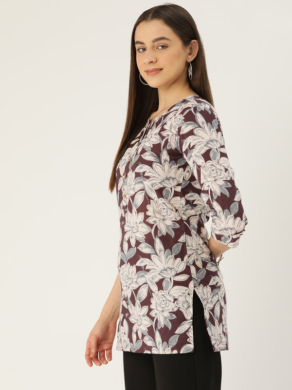 Floral Print 4 Button Straight Kurti