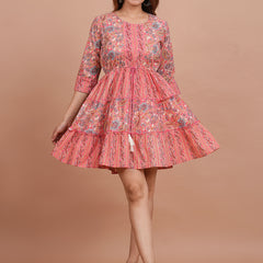 Floral Cotton Flared Dress (S–XXL | 3/4 Sleeves) – Breezy Comfort with Feminine Flow