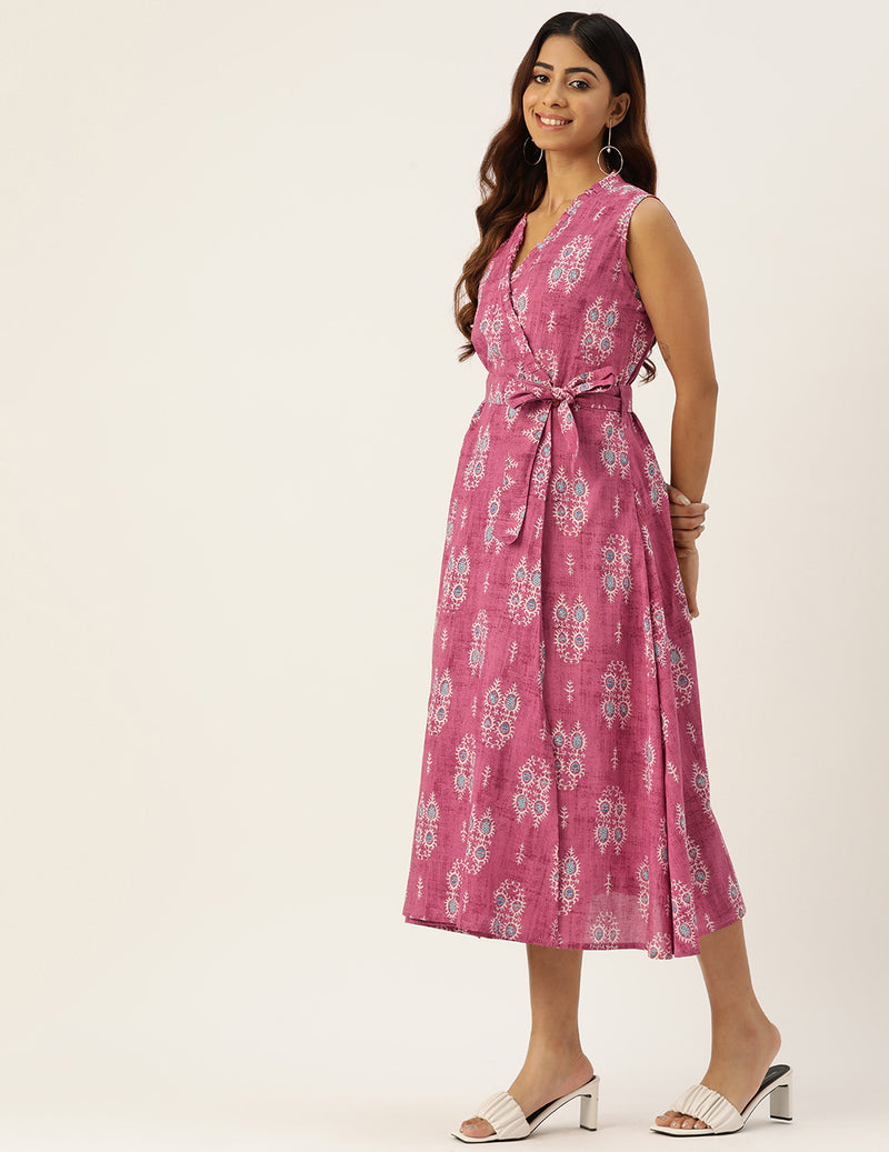 Floral Wrap Angrakha Dress – Lightweight Sleeveless Cotton Perfection
