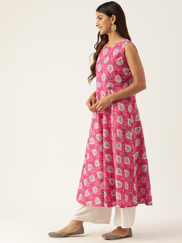 Cotton Printed Sleeveless A-Line Flared Kurti