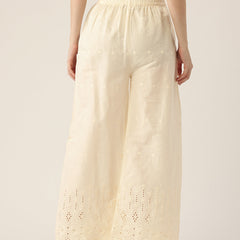 Beige Palazzos | Embroidered Elegnace With Elastic Waist & Single Pocket