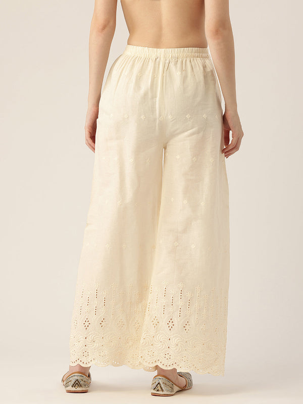 Beige Palazzos | Embroidered Elegnace With Elastic Waist & Single Pocket