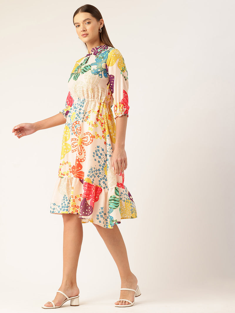 Women’s Multi-Color Muslin Floral Dress with Mandarin Collar & 3/4 Smocked Sleeves