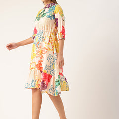 Women’s Multi-Color Muslin Floral Dress with Mandarin Collar & 3/4 Smocked Sleeves