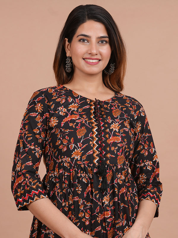 Floral Cotton Flared Dress (S–XXL | 3/4 Sleeves) – Breezy Comfort with Feminine Flow