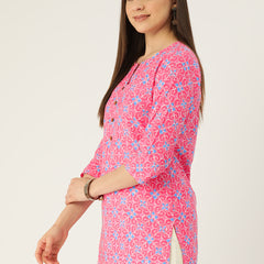 Floral Print 4 Button Straight Kurti