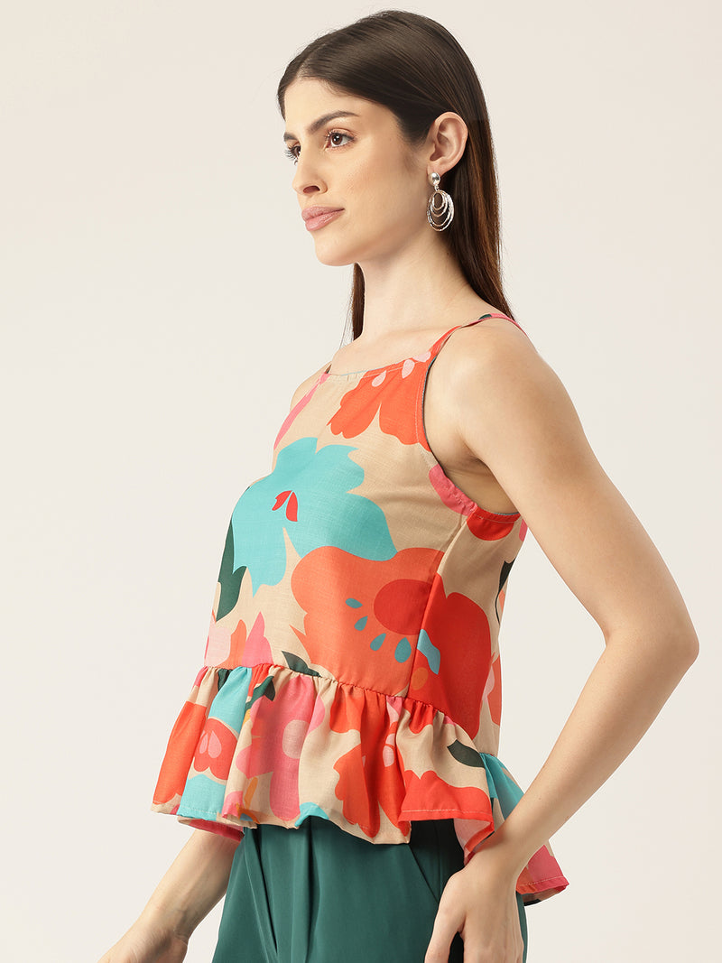 Cropped Sleeveless strap Peplum top with digital print on linen fabric.| Size- Small| Colour - Cream, Red, Blue