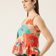 Cropped Sleeveless strap Peplum top with digital print on linen fabric.| Size- Small| Colour - Cream, Red, Blue