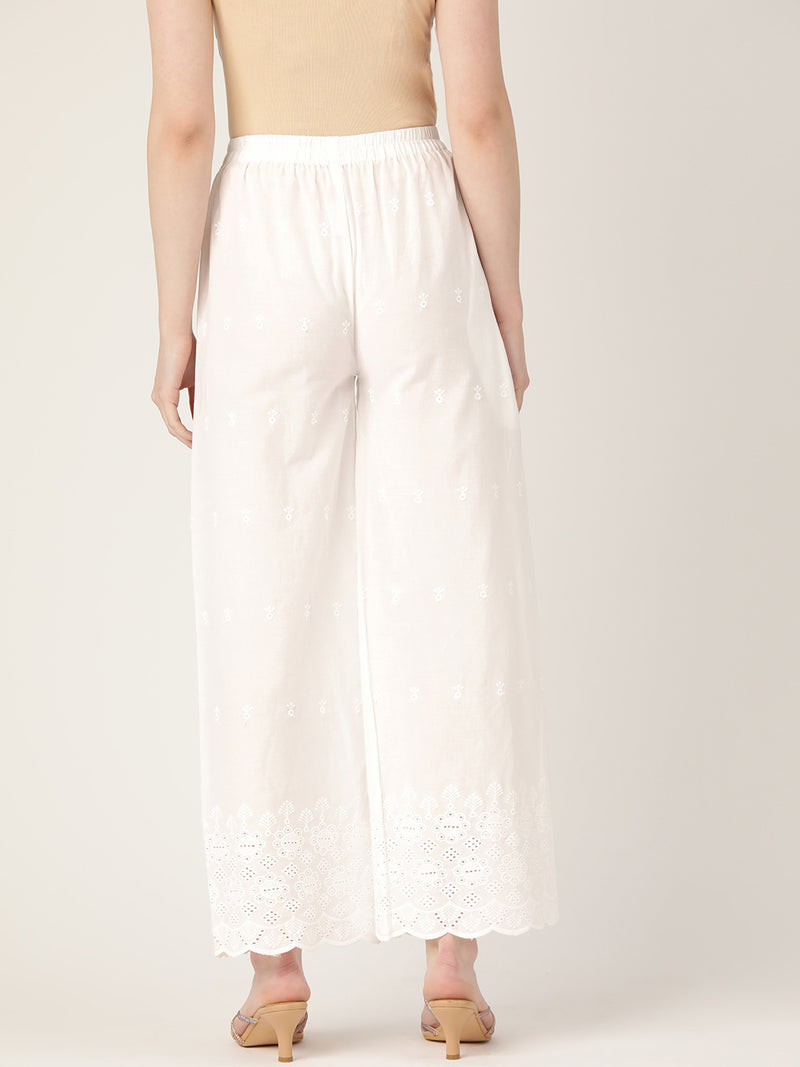 White White Embroidered Cotton Palazzos–Elastic Waist & Ankle-Length with Side Pocket