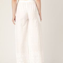 White White Embroidered Cotton Palazzos–Elastic Waist & Ankle-Length with Side Pocket