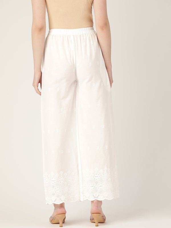 White White Embroidered Cotton Palazzos–Elastic Waist & Ankle-Length with Side Pocket