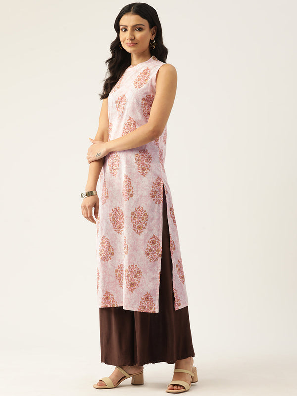 Cotton Printed Sleeveless Straight Long Kurti