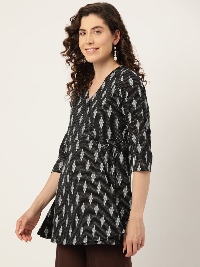 Floral Print Angrakha 3\4 Sleeves Flared Kurti