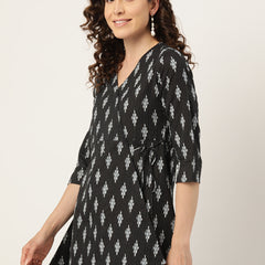 Floral Print Angrakha 3\4 Sleeves Flared Kurti