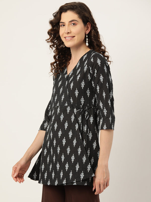 Floral Print Angrakha 3\4 Sleeves Flared Kurti