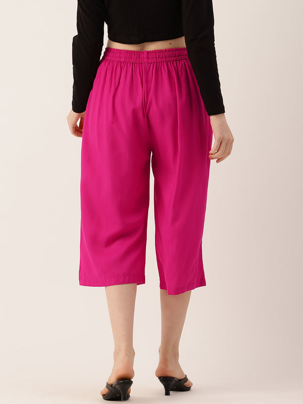 Women's Culottes | Calf-Length Pants with Double Pockets & Elastic Waistband