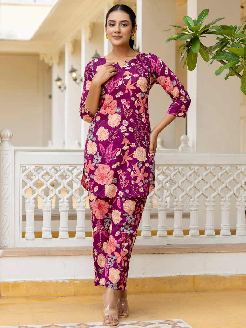 Purple Breezy Printed Cotton Co-Ord Set for Comfortable All-Day Wear