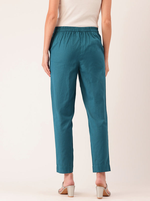 Light Blue Cotton Pants - Double Pockets, Adjustable Waist, and Ankle-Length Fit