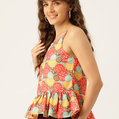 Cropped Sleeveless strap Peplum top with digital print on linen fabric.| Size- Small| Colour - Magenta, Yellow, Aqua