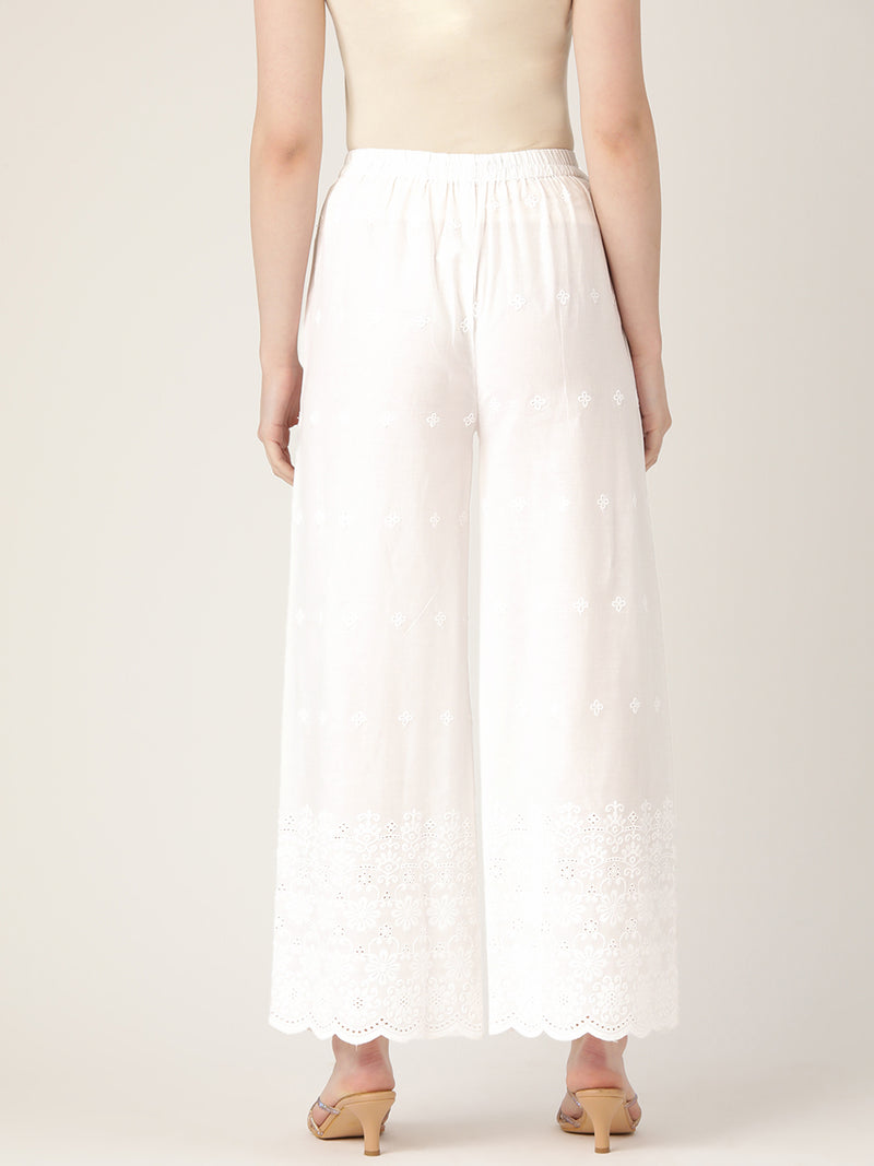 White White Embroidered Cotton Palazzos–Elastic Waist & Ankle-Length with Side Pocket