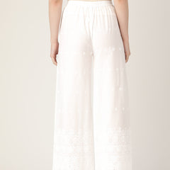 White White Embroidered Cotton Palazzos–Elastic Waist & Ankle-Length with Side Pocket