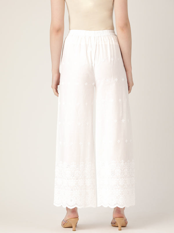 White White Embroidered Cotton Palazzos–Elastic Waist & Ankle-Length with Side Pocket