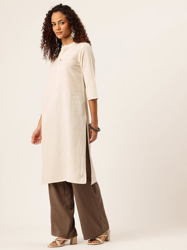 Women’s Solid Long Kurti with Mandarin Collar, 3/4 Sleeves & Pocket | Plain Elegant Cotton Kurta for Daily & Office Wear