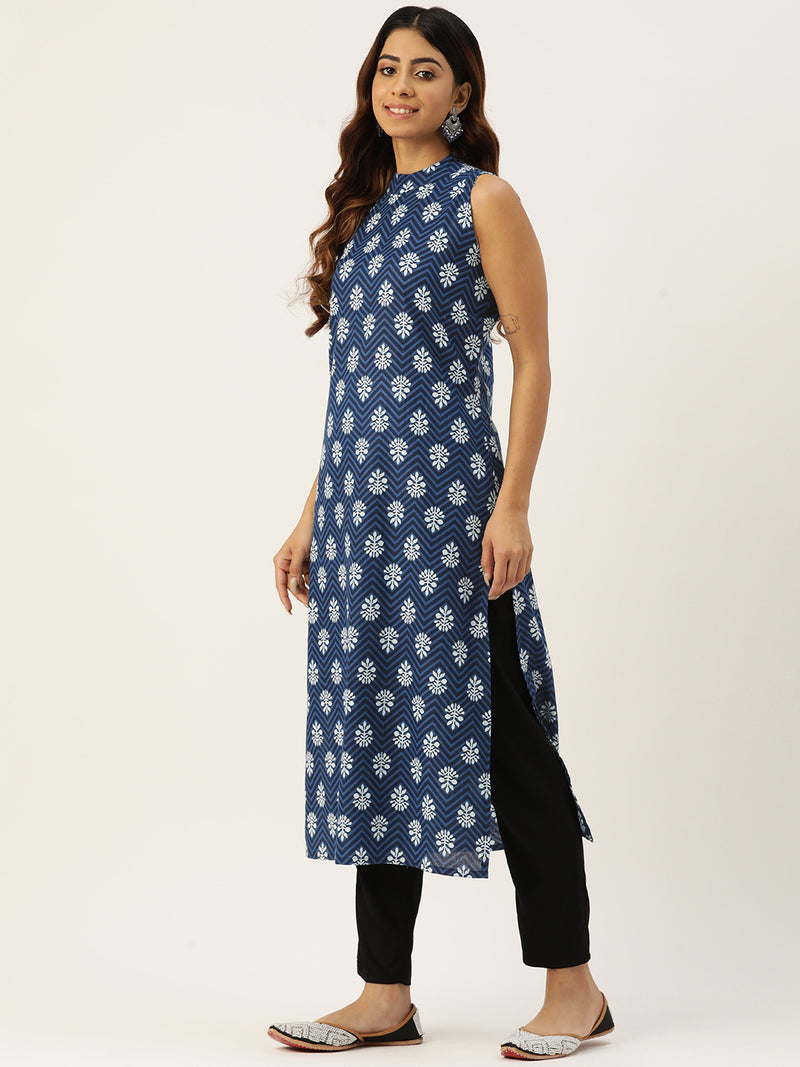 Women’s Pure Cotton Angrakha Kurti with Floral Print | 3/4 Sleeves | Adjustable Side Tie | Sizes S–XXL