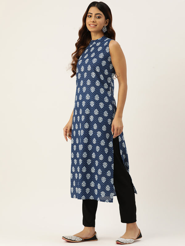 Women’s Pure Cotton Angrakha Kurti with Floral Print | 3/4 Sleeves | Adjustable Side Tie | Sizes S–XXL