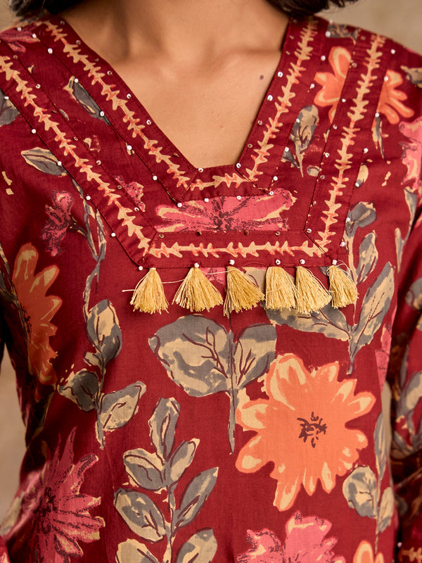 Pure Cotton Red Bordered V-Neck 3-Piece Kurta Set with Printed Dupatta