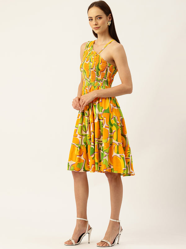 Women’s Rayon One-Shoulder Dress with Smocked Bodice & Flared Skirt – Bright Summer Colors