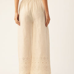 Beige Palazzos | Embroidered Elegnace With Elastic Waist & Single Pocket