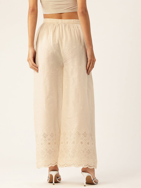 Beige Palazzos | Embroidered Elegnace With Elastic Waist & Single Pocket