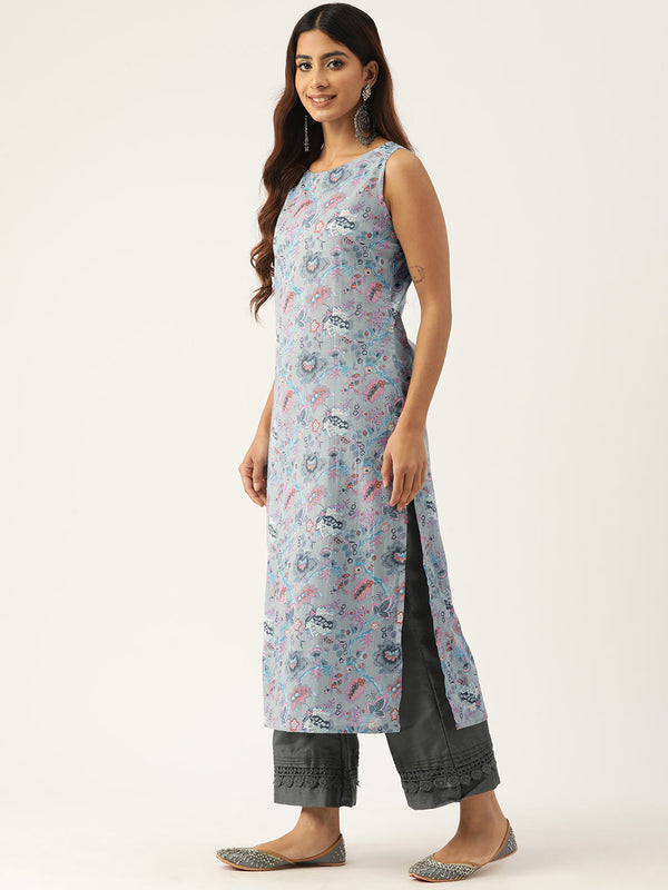Cotton Boat Neck Sleeveless Straight Kurti